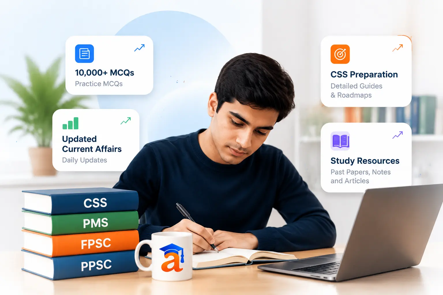 Student preparing for CSS, PMS, FPSC and PPSC exams with Alvipedia MCQs, current affairs and study resources